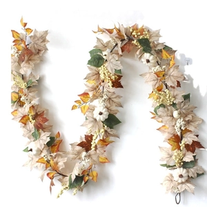 Fall maple leaf garland with white pumpkins and berries for Thanksgiving home decoration
