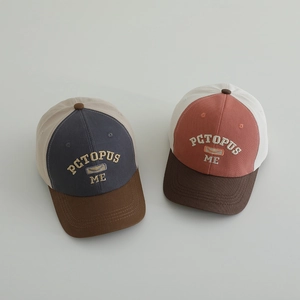 Kids color-block baseball caps with embroidered lettering and casual sun protection design