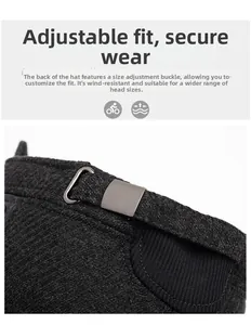 Detail view of the metal buckle on wool cap with adjustable strap for elderly men