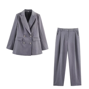 Blazer Croisé Et Pantalon Large Taille Haute Pour Femmes Gris Uni Sergé De Polyester Bureau Décontracté Streetwear