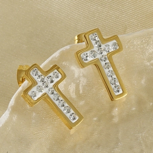 Elegant 18K gold plated stainless steel cross earrings with white enamel and crystals