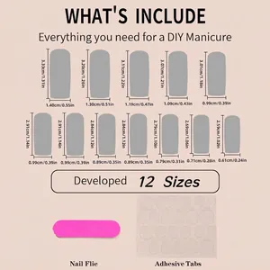 Size chart for French purple floral press on nails with twelve sizes and tools
