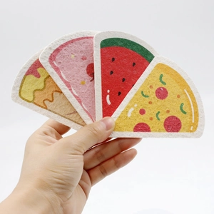 Cartoon pizza and fruit printed heart-shaped compressed wood pulp sponge kitchen scrubbers