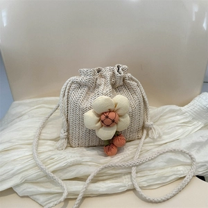 Mini Borsa A Secchiello In Paglia Intrecciata Con Fiore In Tessuto Coulisse Tracolla Spiaggia Estate Stile Mori Donna