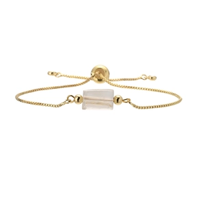 Macro view of adjustable gold box chain with rectangular white quartz stone