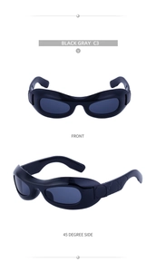 Close-up of black oval sunglasses C3 with dark gray lenses in front and side views