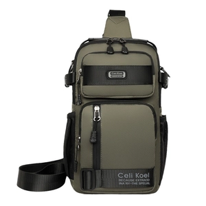 Army green tactical nylon crossbody chest bag for men with multi-pocket sports design