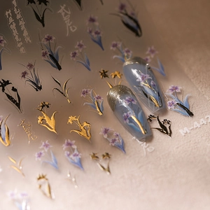 5D Embossed Nail Art Stickers Self Adhesive Purple Iris Flower Golden Line Retro Manicure Decoration Decals