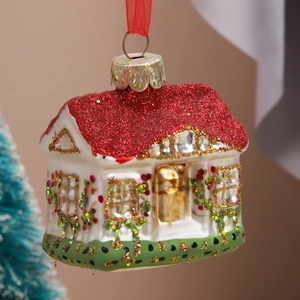 Christmas House Hanging Ornament Red Glitter Glass Hand Painted Tree Decoration Holiday Home Decor