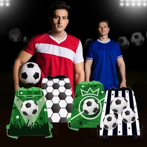 Detailed close-up of four soccer-themed drawstring gift bags with sports prints