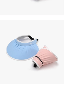 Detail of roll-up sun visor showing pleated texture fabric and elastic back strap