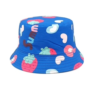 Detail of blue cotton sun hat featuring cute strawberry and summer pattern embroidery