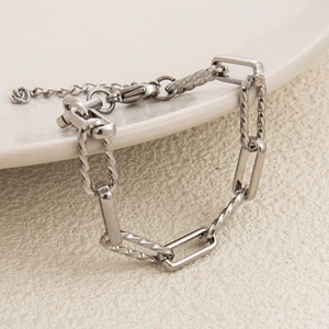 Macro shot of silver stainless steel chain bracelet with lobster clasp and adjustable link