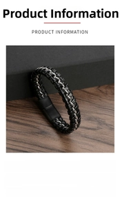 Detail showing 21.5cm black braided leather and stainless steel bracelet with magnetic clasp