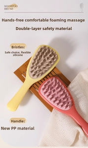Macro detail of soft silicone bristles and PP handle on yellow and pink shampoo brushes