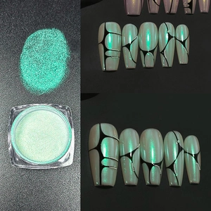 Macro view of metallic green aurora nail powder with decorative nail art display