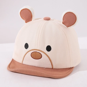 Detail of baby baseball cap with 3D bear ears and cute embroidered cartoon face