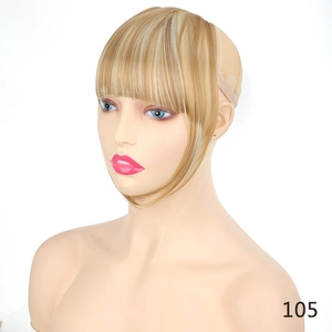 Detail of synthetic hair bangs with sideburns in golden light brown color highlights