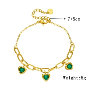Gold-plated titanium steel chain bracelet featuring three green heart-shaped gemstones