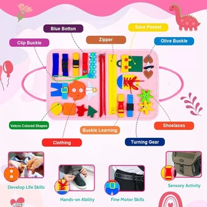 Pink felt busy board detailing fine motor skills like zippers, buckles, and shoelaces
