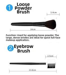 Detail of 14cm powder brush and 13.8cm dual eyebrow comb with measurements