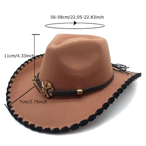 Brown wool western cowboy hat with size chart showing brim width and head circumference