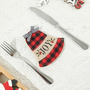 Bell-shaped Christmas utensil holder with JOY embroidery and festive plaid bow detail