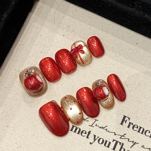 Faux Ongles à Presser Squishy Faits à la Main Thème de Noël Avec Nœud 3D Paillettes Rouge Or Bijoux à Ongles pour Femmes