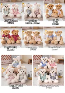 Detail shots of teddy bears in floral, checkered and polka dot dresses on soft plush