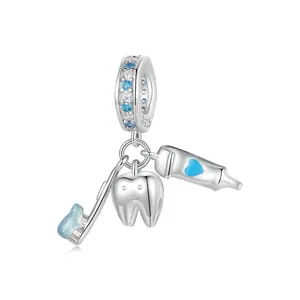 925 Sterling Silver Toothbrush Tooth Toothpaste Charm Pendant Zirconia Inlaid Enamel Blue Heart DIY Jewelry Making Accessory