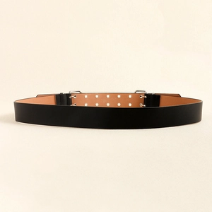 Western Y2K punk style black leather rivet belt with double metal buckles and eyelets