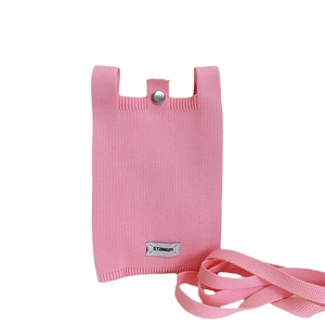 Pink knitted mini crossbody phone bag with metal snap closure and woven shoulder strap