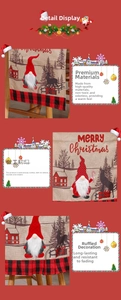Detail of linen Christmas chair cover featuring gnome prints and red buffalo plaid ruffles