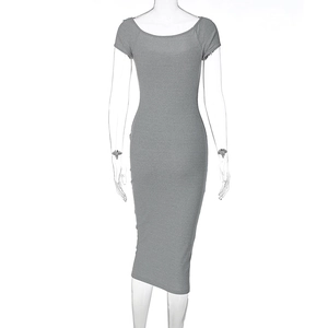 Detailed front view of a grey slim fit ribbed midi dress on a white mannequin