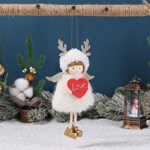 Christmas plush angel ornament with white deer antlers and a red Love heart for tree decor