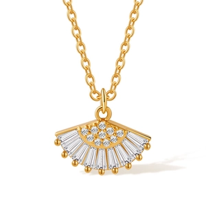 18K gold plated fan-shaped pendant necklace with sparkling cubic zirconia on white background