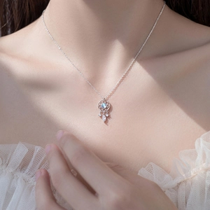 S925 sterling silver dreamcatcher necklace with moonstone and zircons on model