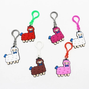 Set of six colorful PVC alpaca keychains with plastic C-hooks in cute cartoon style