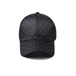 Fashionable black baseball cap with silver rhinestone studs and curved brim for women