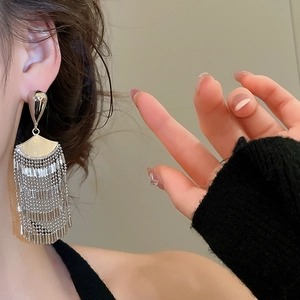 Close-up of long silver fringe tassel earrings worn by a model in a minimalist style