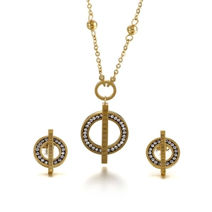 Golden necklace and earrings set with crystal circles and Roman numeral bars