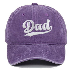 Detailed view of white 'Dad' 3D embroidery on vintage washed purple cotton baseball cap