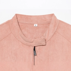 Chic pink faux suede jacket with stylish stand collar and high-quality front zipper detail