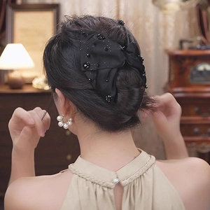 French vintage black satin double bow hair claw clip with delicate bead embellishments