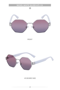 Detailed front and side view of silver octagonal sunglasses with purple gradient lenses