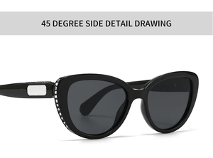 Side view of black cat-eye sunglasses with rhinestone-encrusted frame and silver hardware