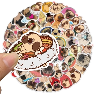Detailed view of waterproof cartoon pug stickers with cute pug poses for laptop decoration