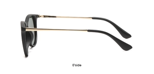 Close-up of kids oval matte black sunglasses with sleek gold metal temples and side view
