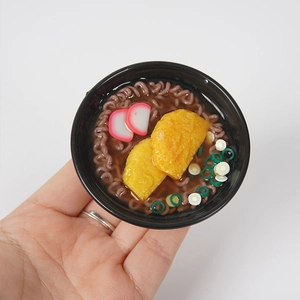 Miniature Japanese buckwheat noodle bowl keychain with shrimp tempura and fish cakes