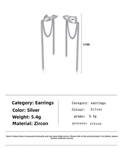 Detailed specs of silver long fringe chain earrings with cubic zirconia, length 64mm